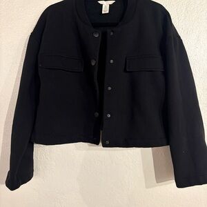 H&M Black Cropped Bomber Jacket with Snap Front